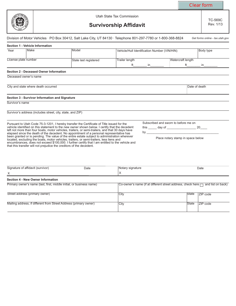Form TC-569C Survivorship Affidavit - Utah, Page 1