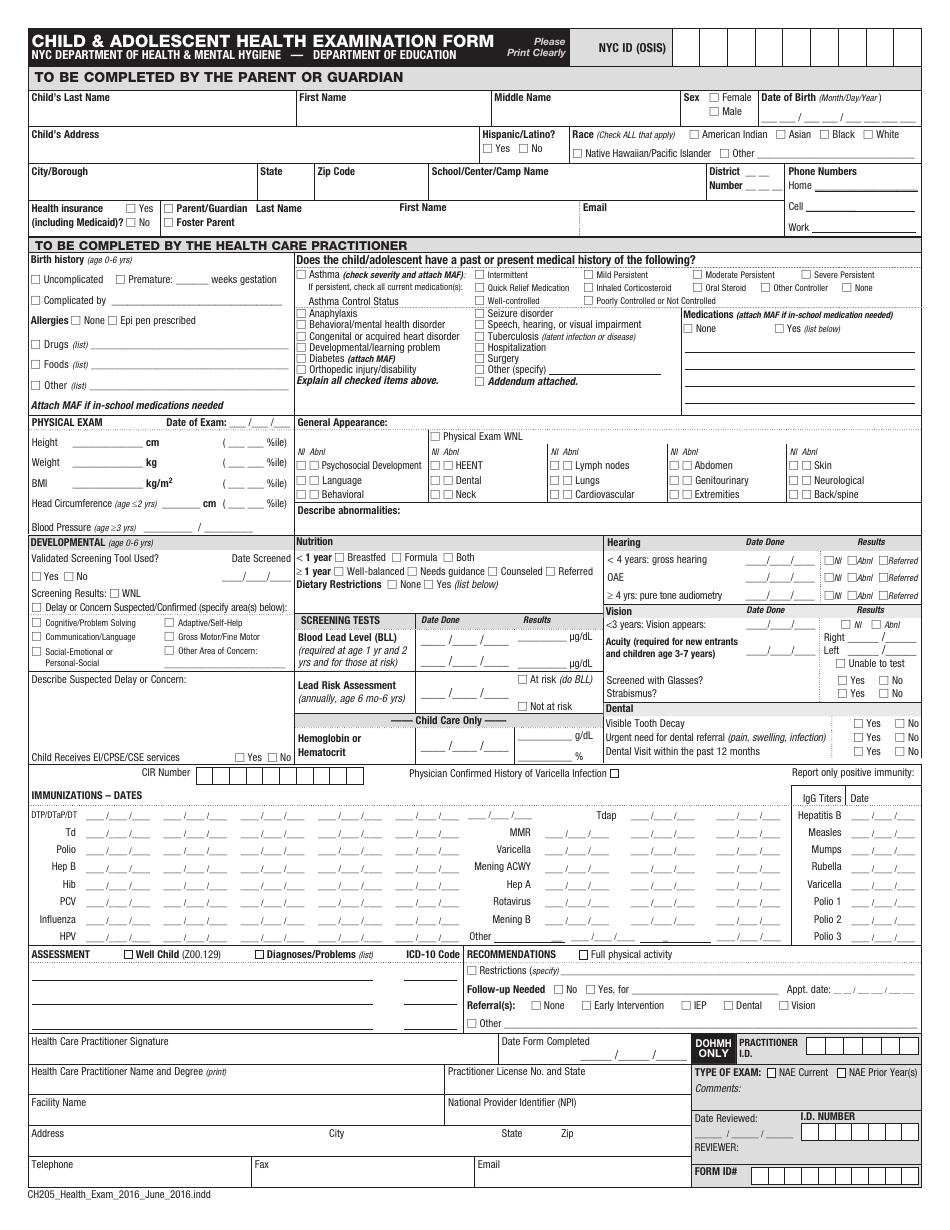 Form 205 Child and Adolescent Health Examination Form - New York City, Page 1