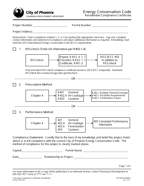 Form TRT/DOC/00459 Residential Compliance Certificate - City of Phoenix, Arizona
