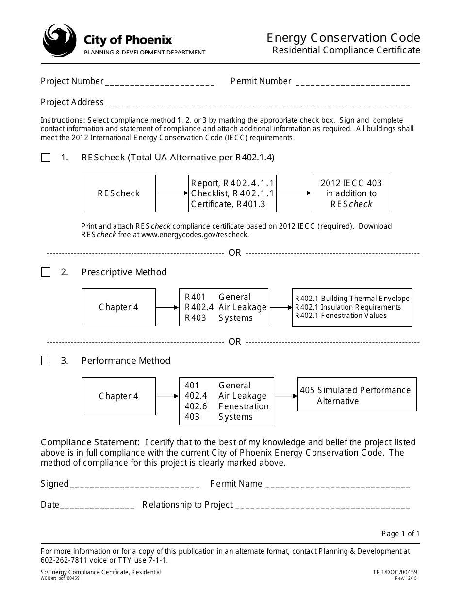 Form TRT / DOC / 00459 Residential Compliance Certificate - City of Phoenix, Arizona, Page 1