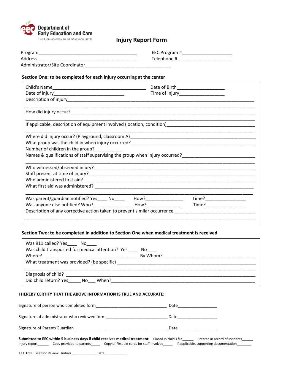 Massachusetts Injury Report Form Fill Out, Sign Online and Download PDF Templateroller