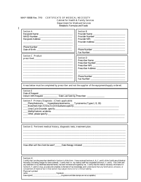 Form MAP-1000B Certificate of Medical Necessity - Metabolic Formulas and Foods - Kentucky