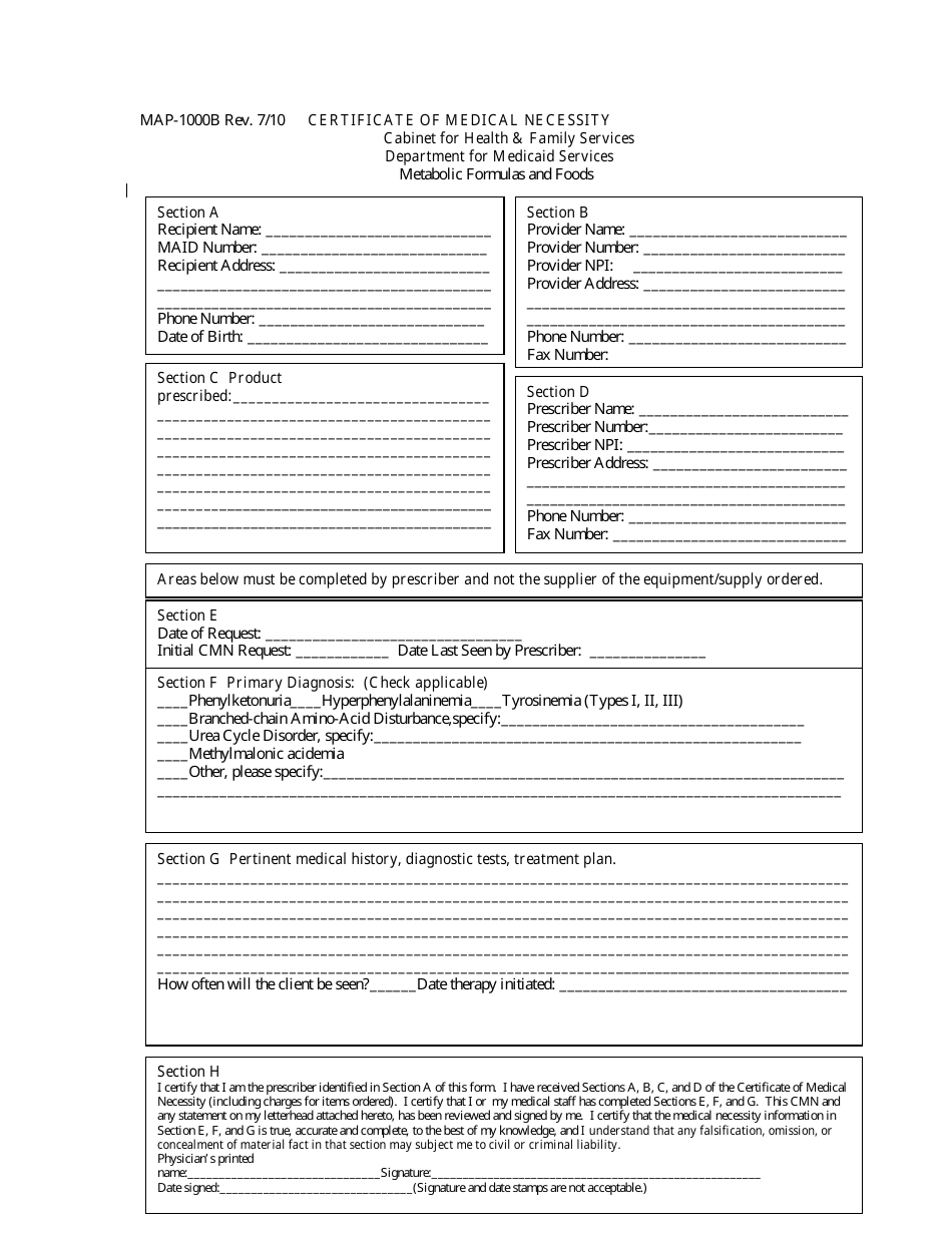 Form MAP-1000B Certificate of Medical Necessity - Metabolic Formulas and Foods - Kentucky, Page 1