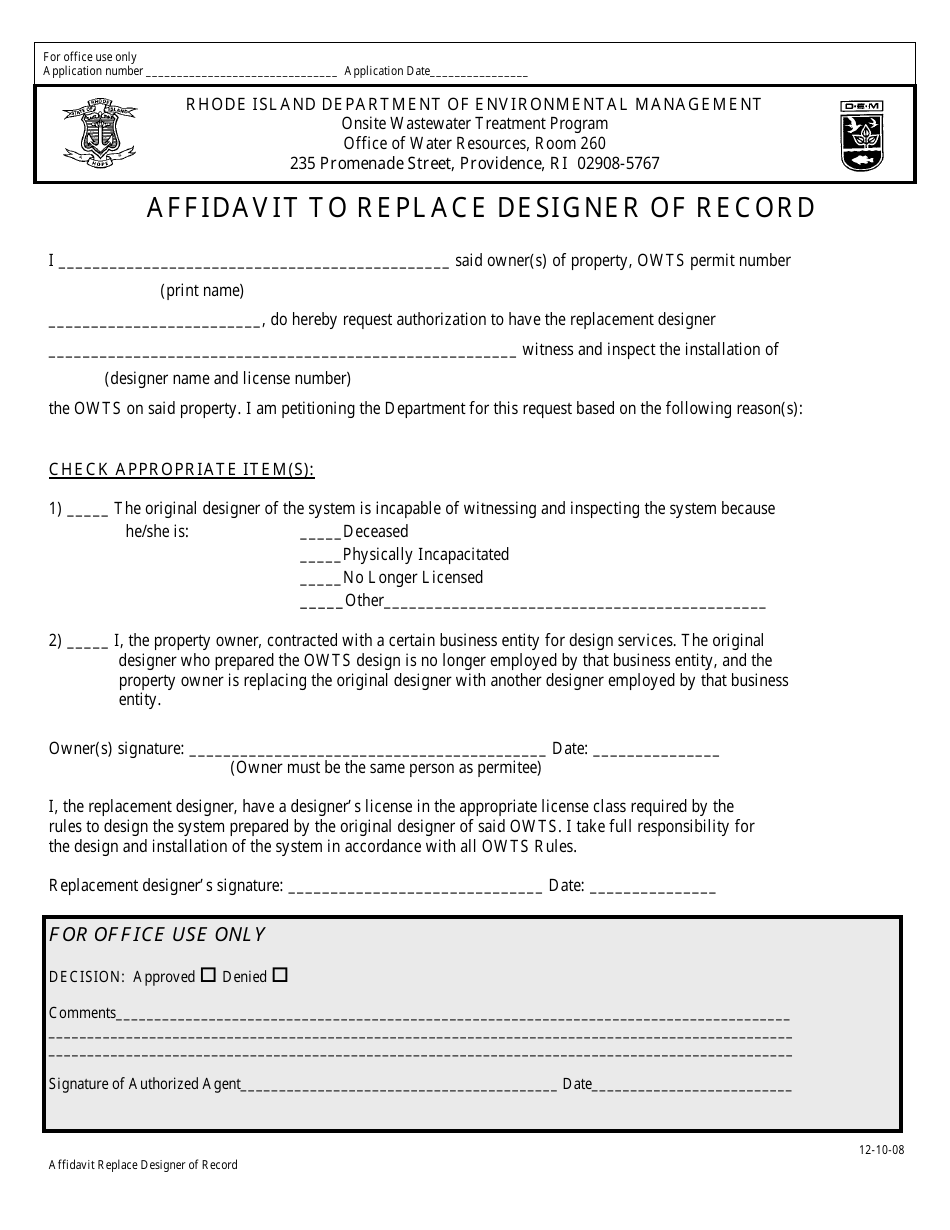Affidavit to Replace Designer of Record - Rhode Island, Page 1