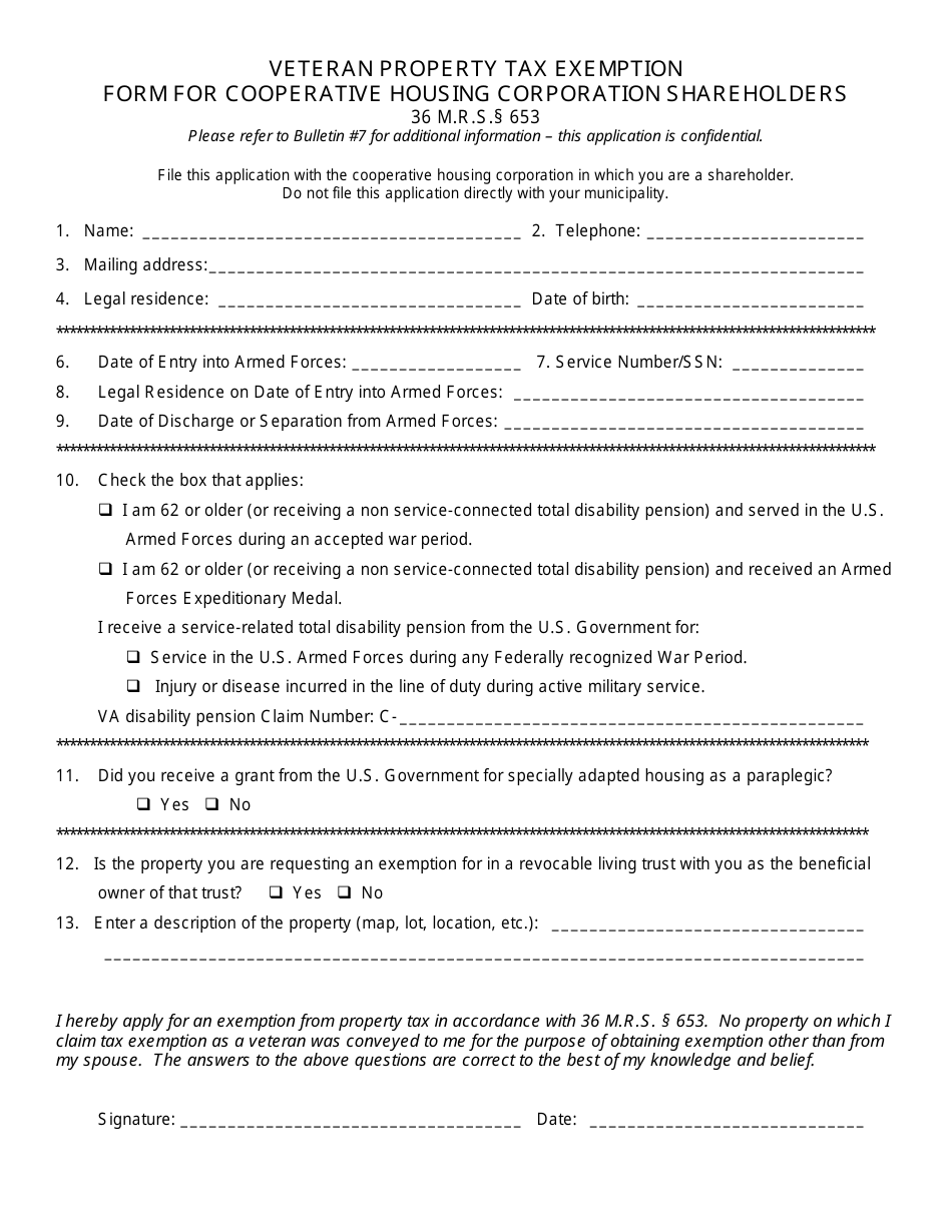 Form PTF-653-E Veteran Property Tax Exemption Form for Cooperative Housing Corporation Shareholders - Maine, Page 1
