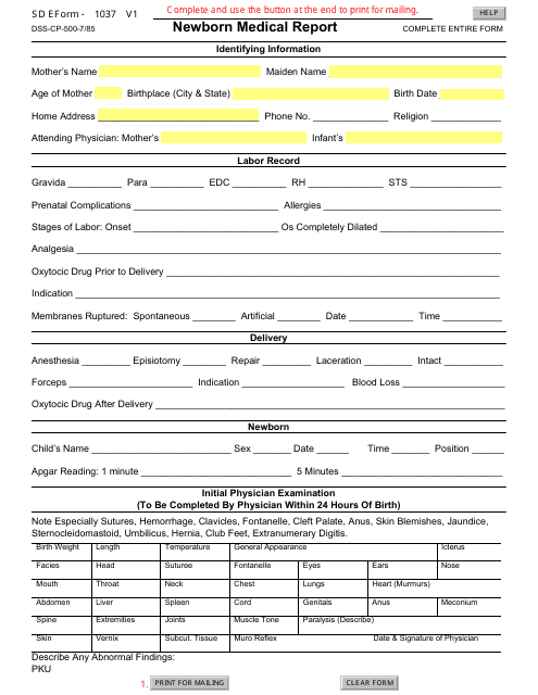 SD Form 1037 V1 (DSS-CP-500) Newborn Medical Report - South Dakota