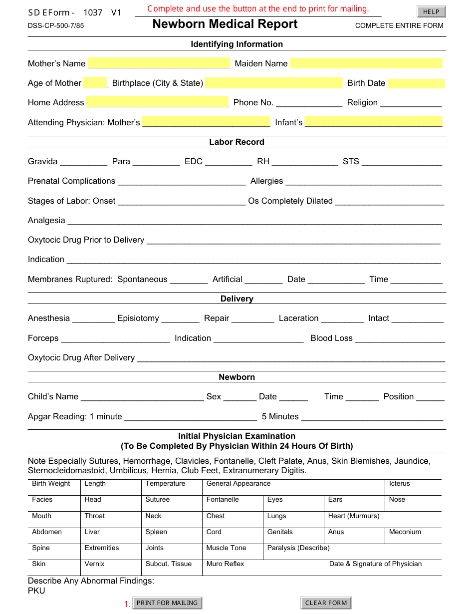 SD Form 1037 V1 (DSS-CP-500) Newborn Medical Report - South Dakota, Page 1