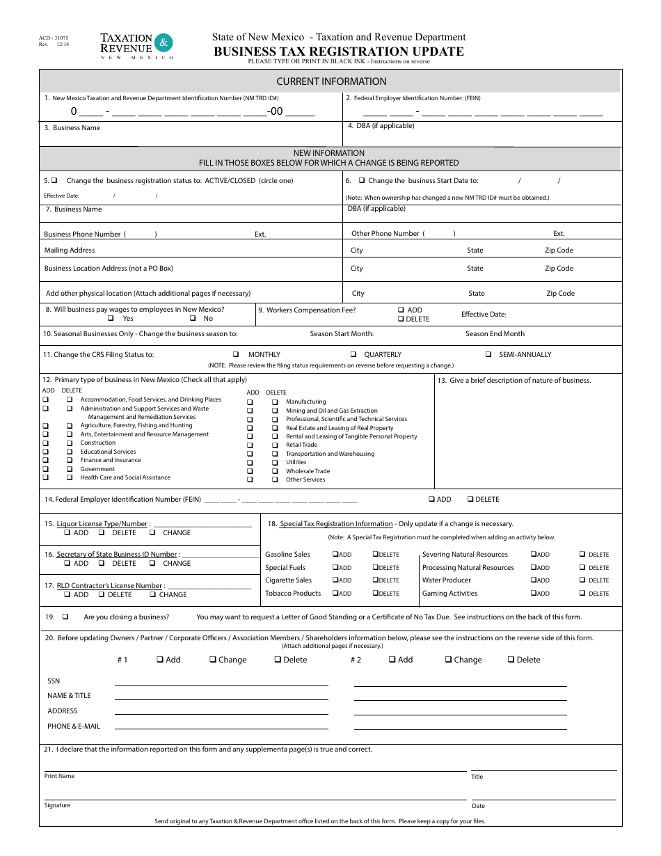 Form ACD-31075 Business Tax Registration Update - New Mexico, Page 1