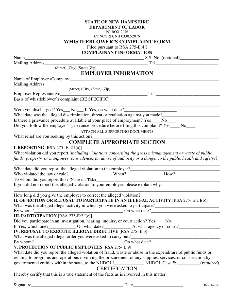 Whistleblowers Complaint Form - New Hampshire, Page 1