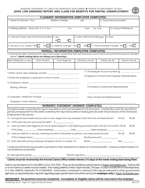 Form LB-0487 Joint Low Earnings and Claim for Benefits for Partial Unemployment - Tennessee