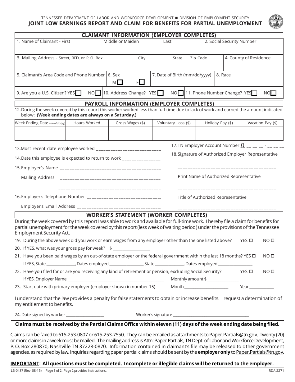 Form LB-0487 Joint Low Earnings and Claim for Benefits for Partial Unemployment - Tennessee, Page 1