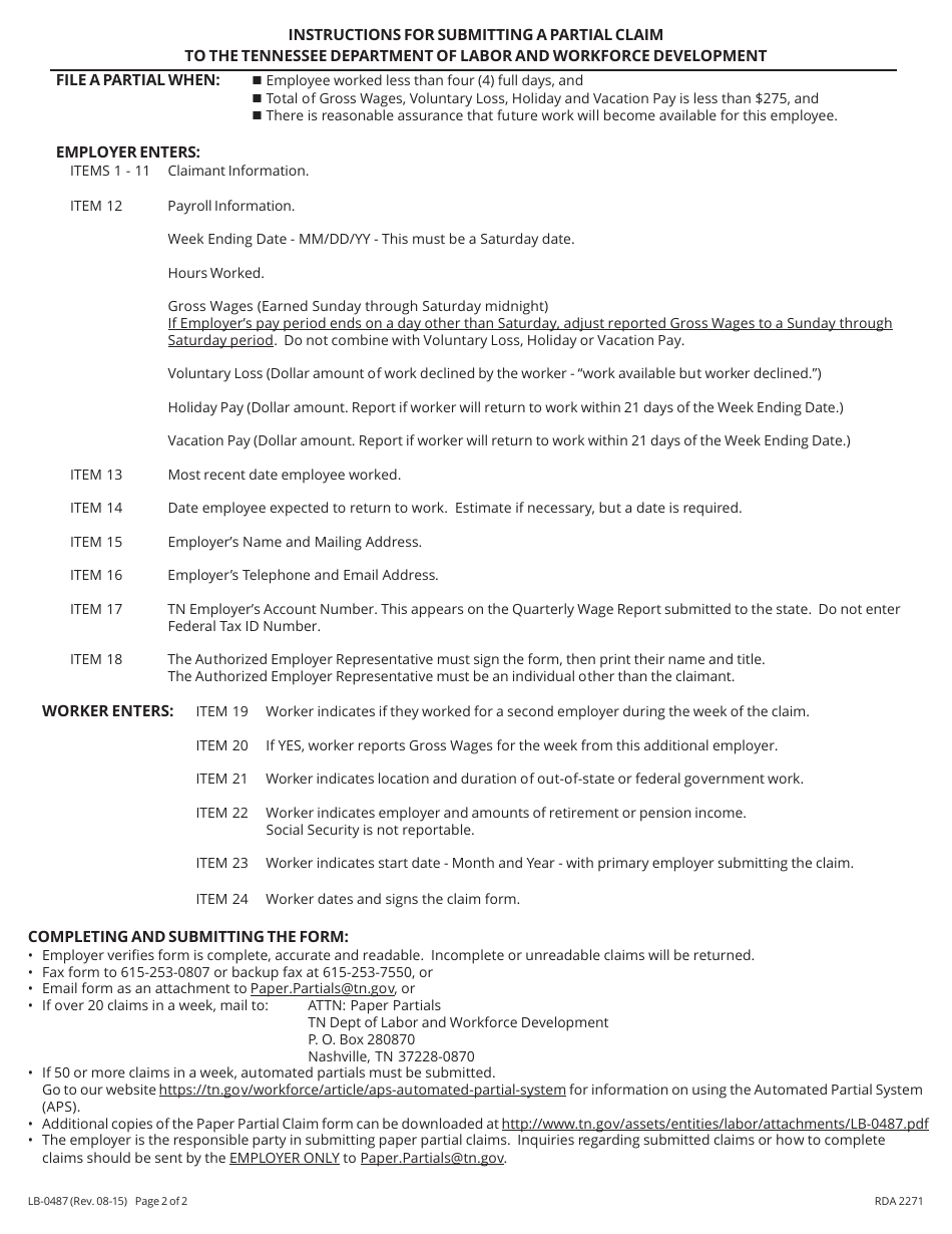 Form LB-0487 Joint Low Earnings and Claim for Benefits for Partial Unemployment - Tennessee, Page 2