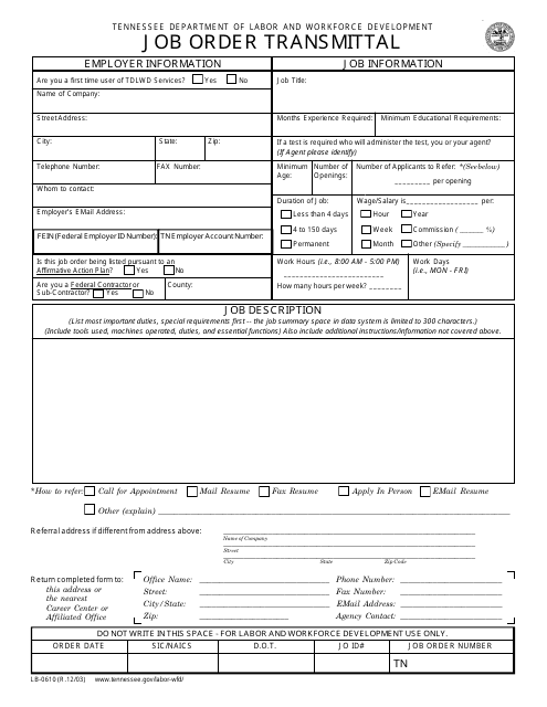 Form LB-0610 Job Order Transmittal - Tennessee