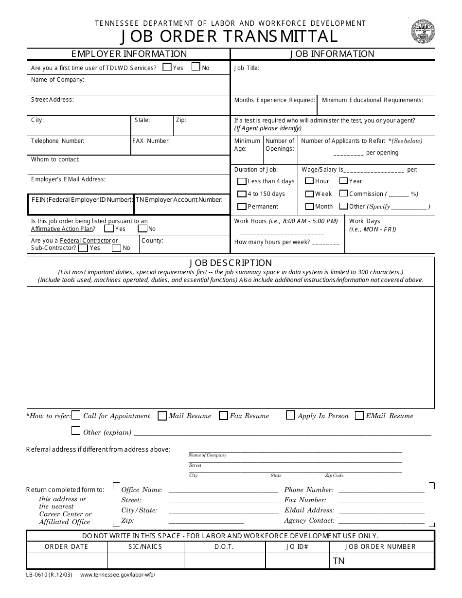 Form LB-0610 Job Order Transmittal - Tennessee, Page 1