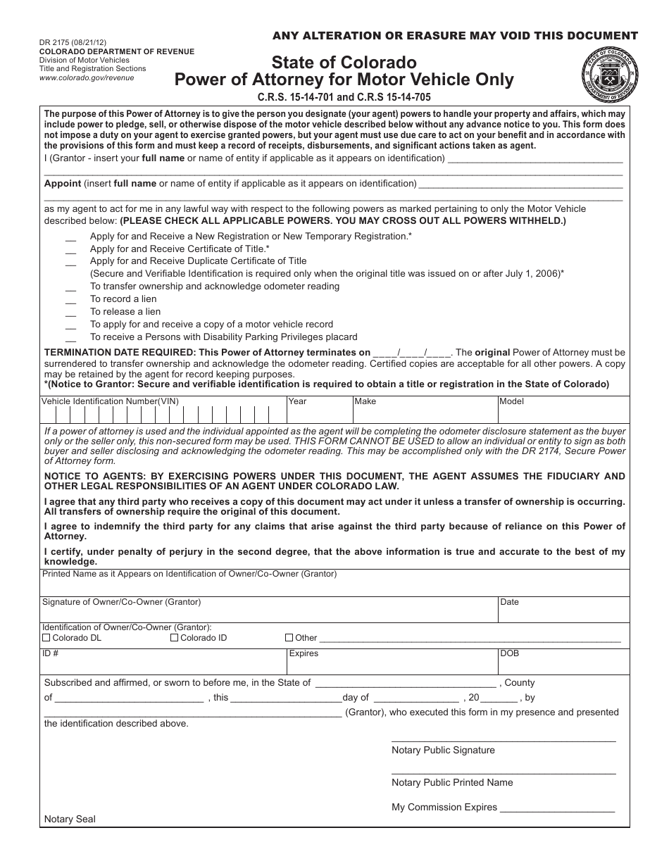 Form DR2175 Power of Attorney for Motor Vehicle Only - Colorado, Page 1