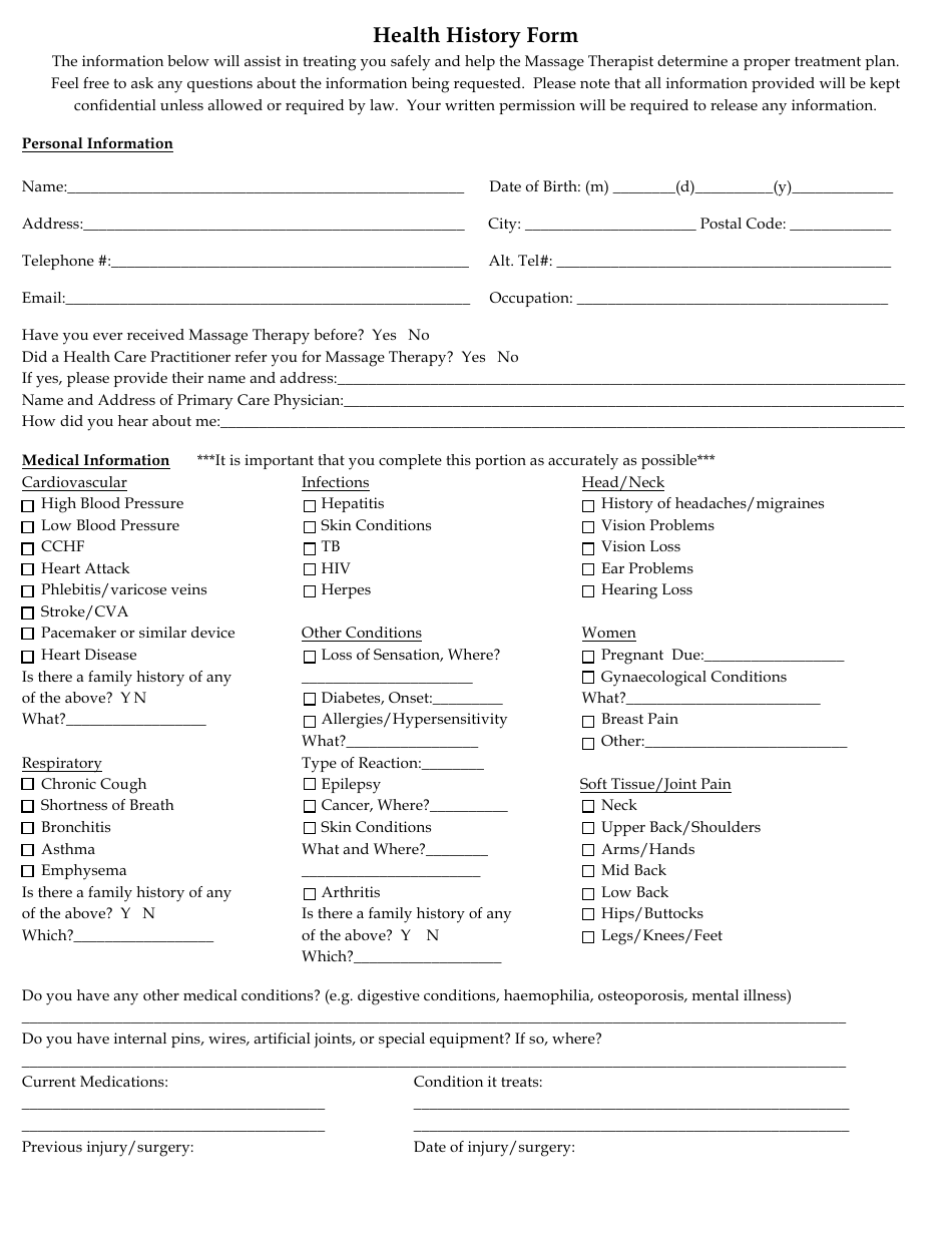 Massage Therapy Health History Form Fill Out Sign Online And Download Pdf Templateroller