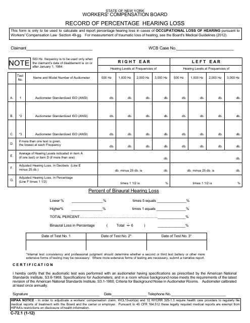 Form C-72.1 Record of Percentage Hearing Loss - New York