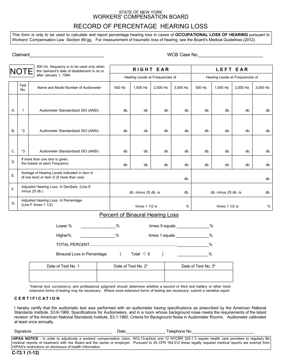 Form C-72.1 Record of Percentage Hearing Loss - New York, Page 1