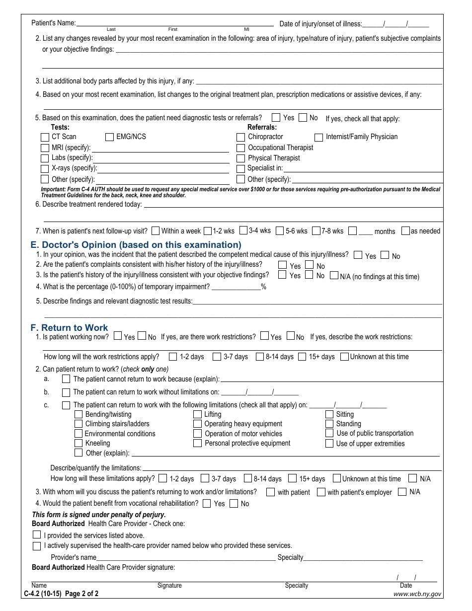 Form C-4.2 Doctors Progress Report - New York, Page 2