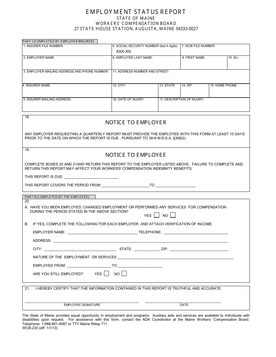 Form WCB-230 Employment Status Report - Maine, Page 1