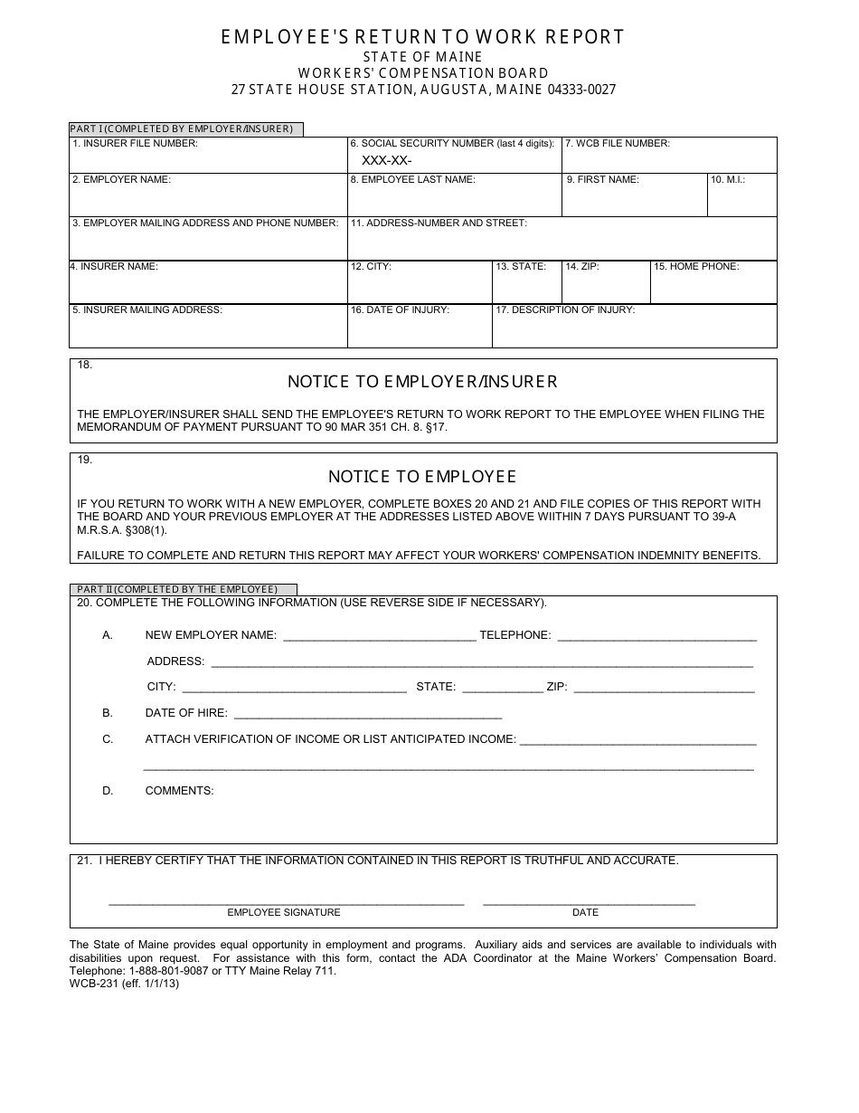 Form Wcb 231 Fill Out Sign Online And Download Fillable Pdf Maine