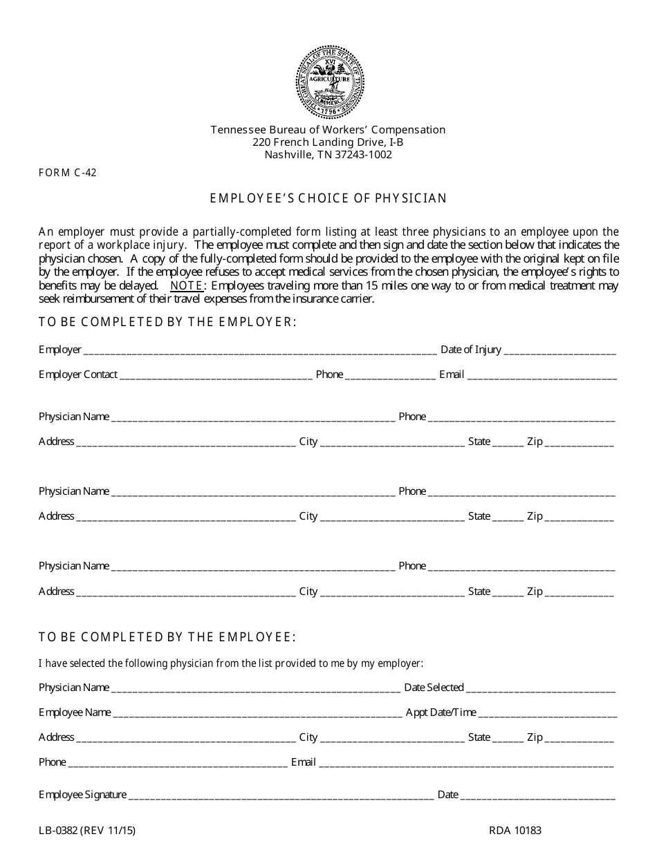 Form C-42 (LB-0382) Employees Choice of Physician - Tennessee, Page 1