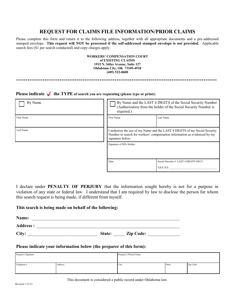 Request Form for Claims File Information / Prior Claims - Oklahoma, Page 1