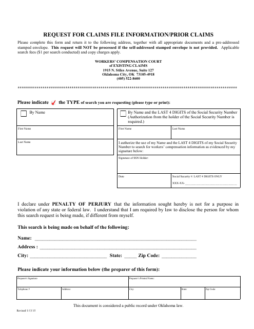 Request Form for Claims File Information / Prior Claims - Oklahoma Download Pdf