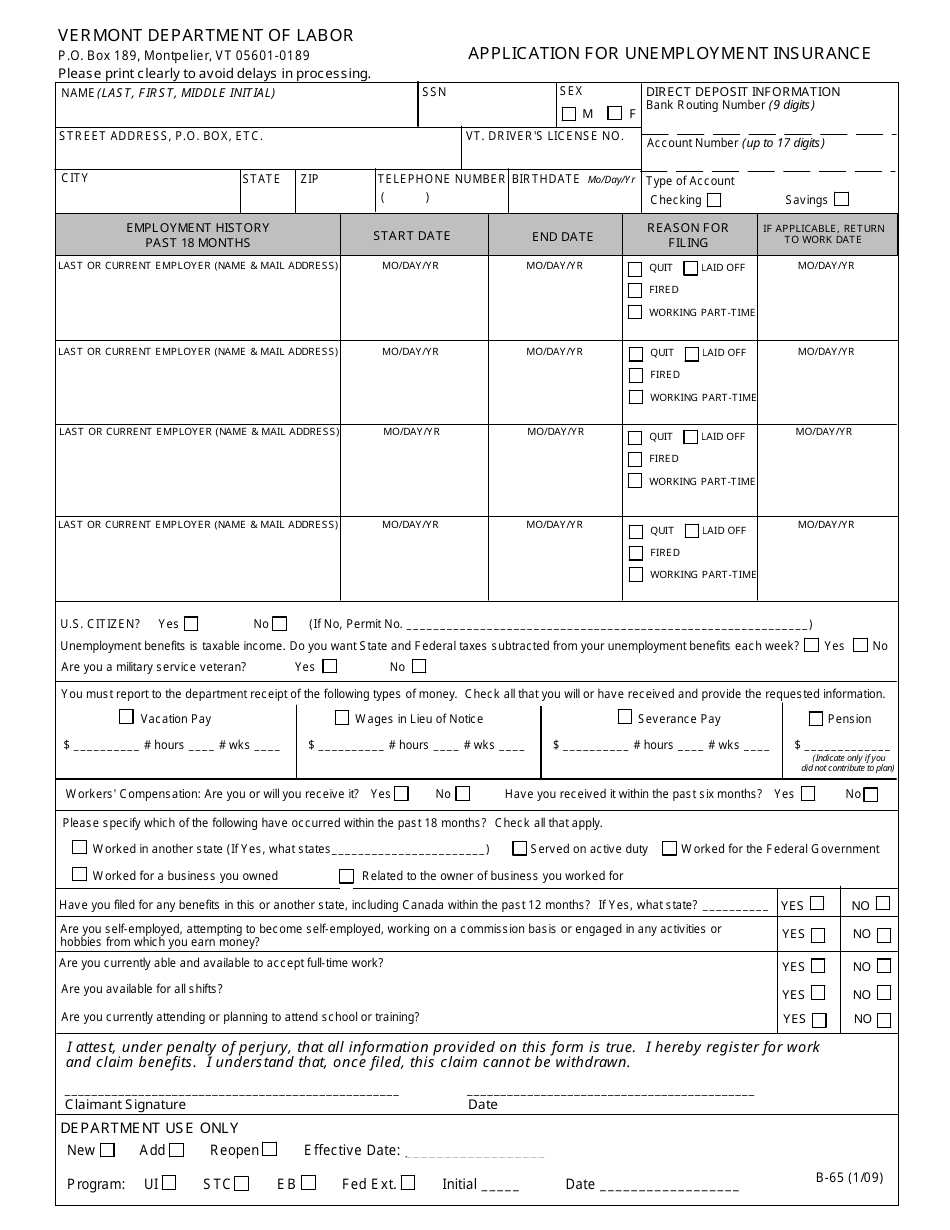 DOL Form B-65 Application for Unemployment Insurance - Vermont, Page 1