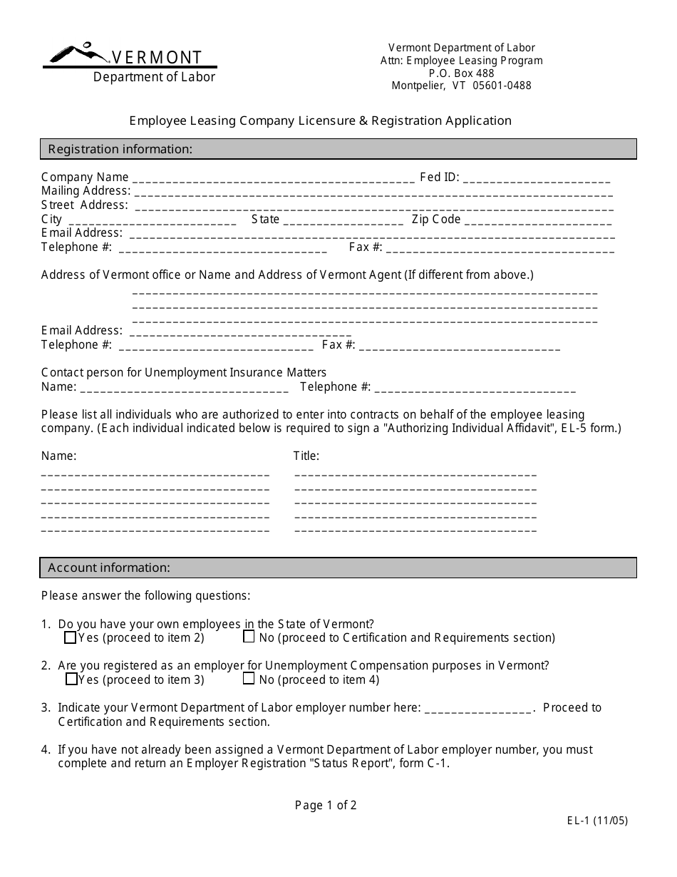 DOL Form EL-1 Employee Leasing Company Licensure  Registration Application - Vermont, Page 1