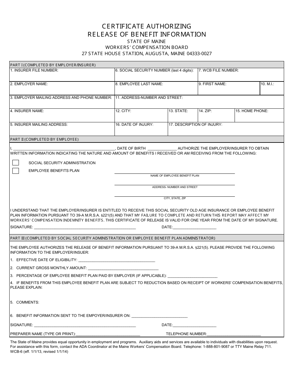 Form WCB-6 Certificate Authorizing Release of Benefit Information - Maine, Page 1