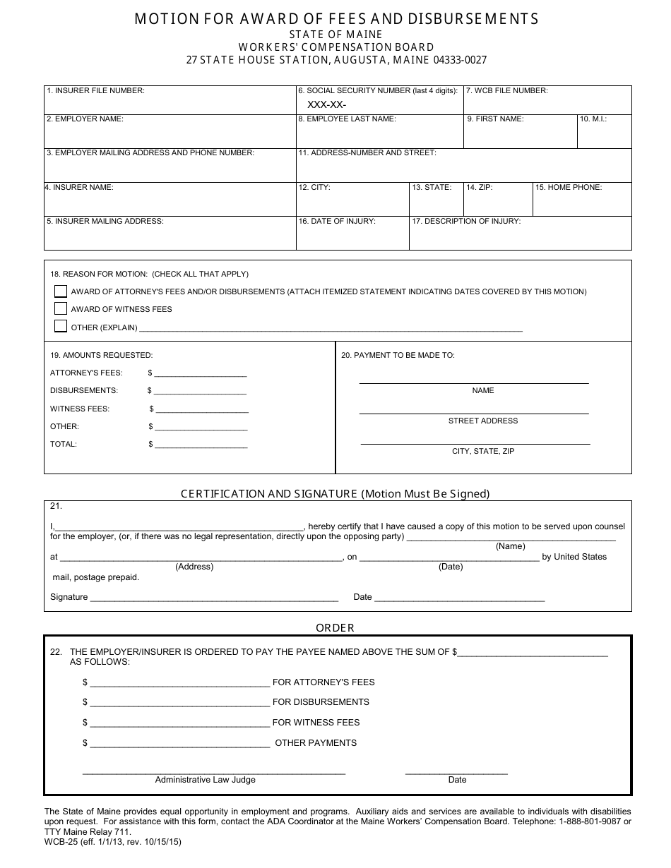 Form WCB-25 - Fill Out, Sign Online and Download Fillable PDF, Maine ...