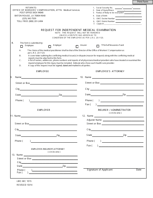 Form LWC-WC1015  Printable Pdf