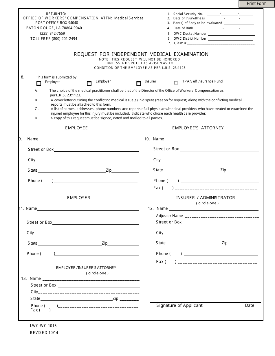Form LWC-WC1015 Request for Independent Medical Exam - Louisiana, Page 1