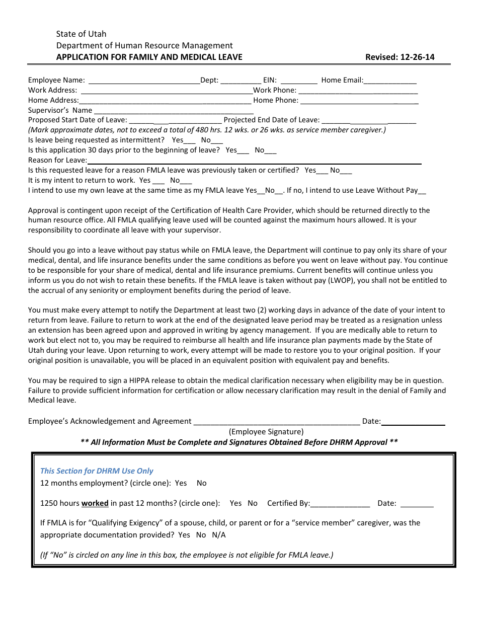 Utah Application for Family and Medical Leave Download Printable PDF | Templateroller