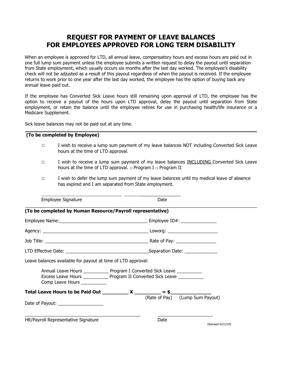 Request for Payment of Leave Balances for Employees Approved for Long Term Disability - Utah, Page 1