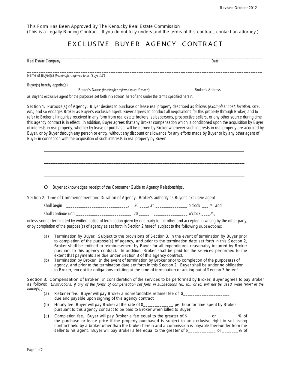 Exclusive Buyer Agency Contract Form - Kentucky, Page 1