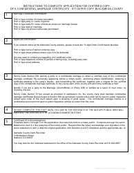 Document preview: Application for Certified Copy of a Confidential Marriage Certificate - County of Alameda, California
