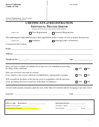 Certificate of Registration Individual Process Server - County of Yolo, California