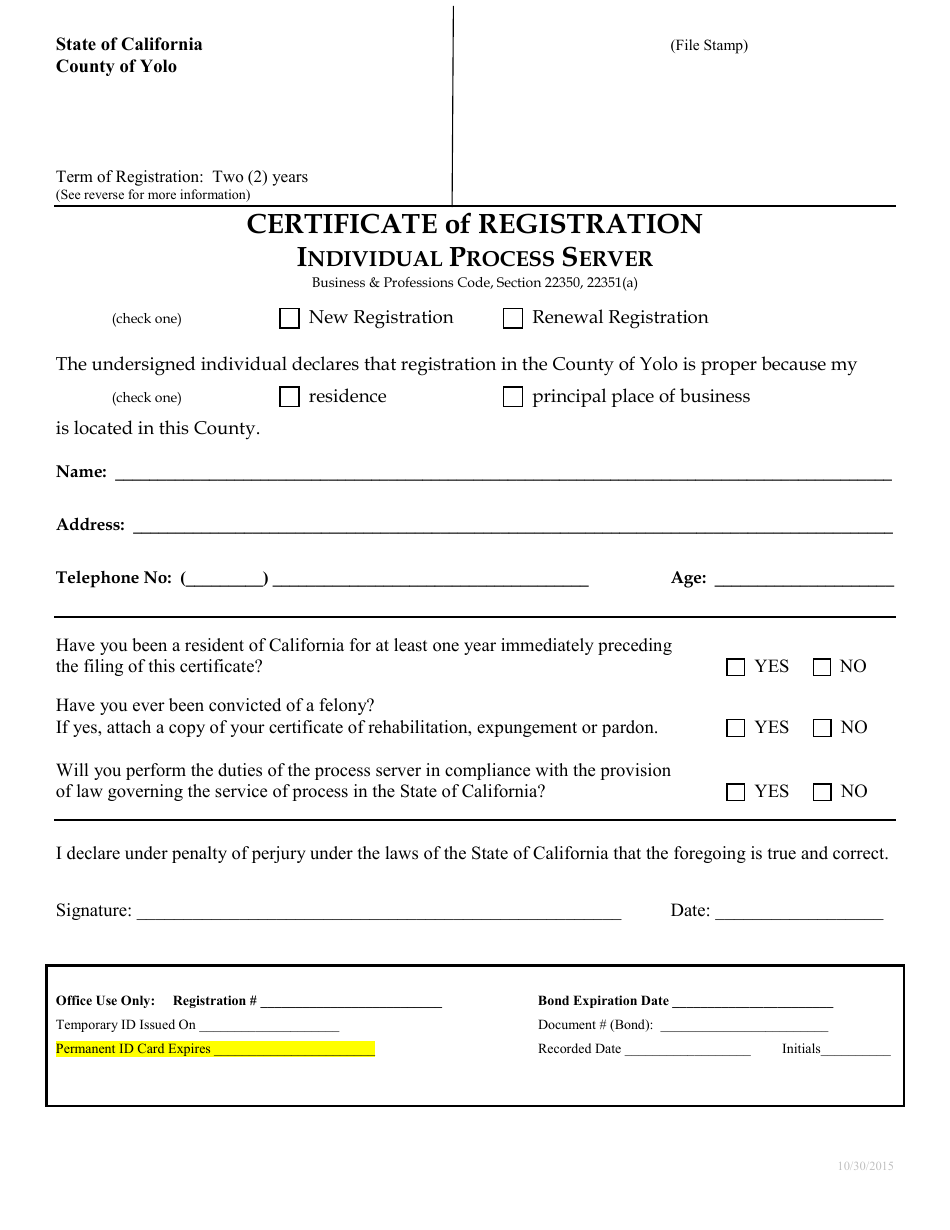 Certificate of Registration Individual Process Server - County of Yolo, California, Page 1