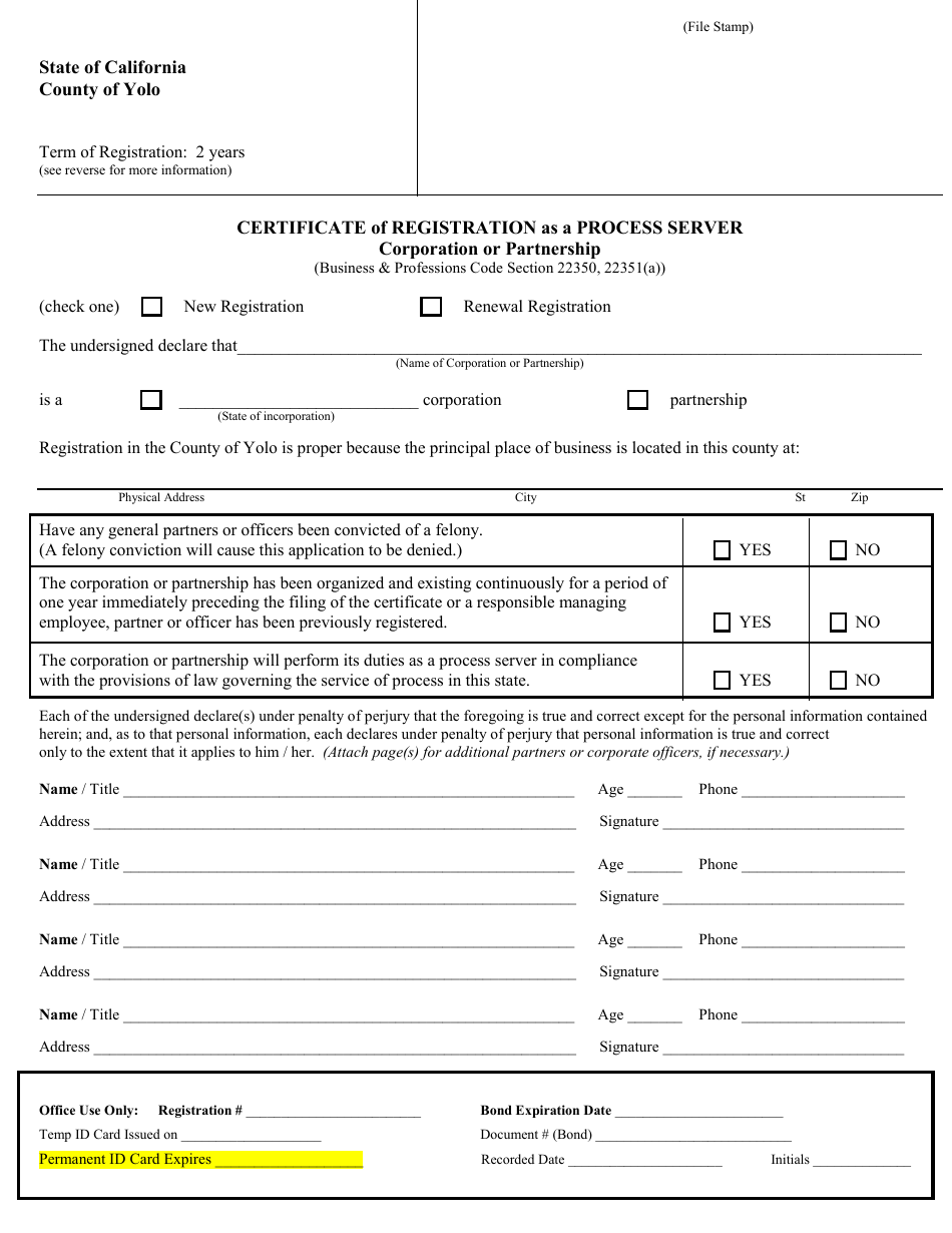 Certificate of Registration as a Process Server Corporation or Partnership - County of Yolo, California, Page 1