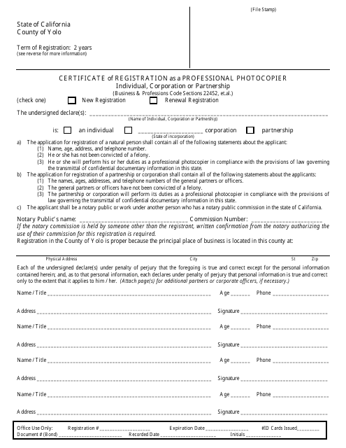 Certificate of Registration as a Professional Photocopier - Individual, Corporation or Partnership - County of Yolo, California Download Pdf