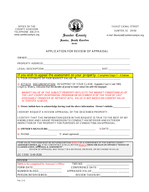 Application for Review of Appraisal - Sumter County, South Carolina Download Pdf