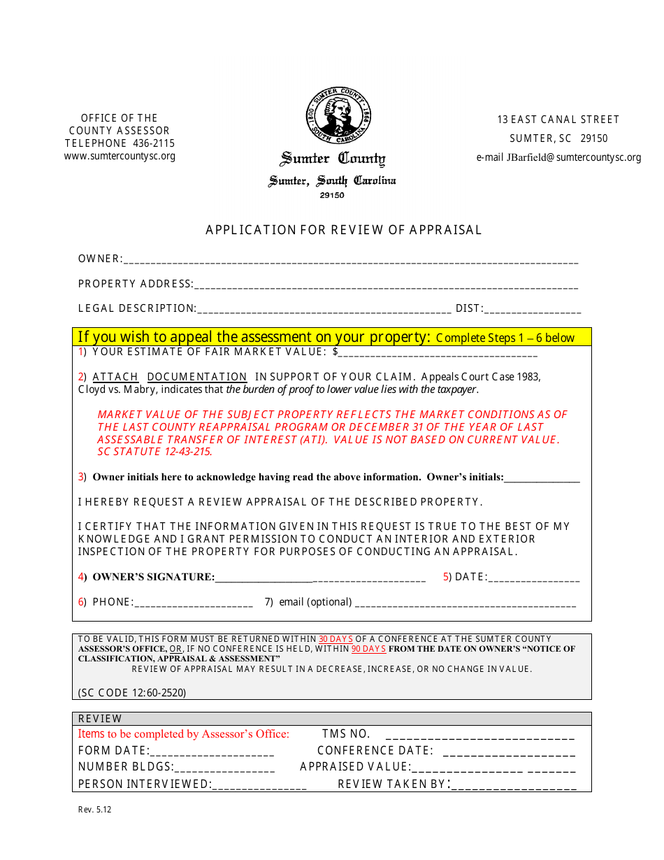 Application for Review of Appraisal - Sumter County, South Carolina, Page 1