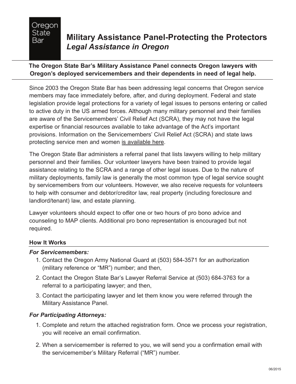 Military Assistance Panel Program Registration Form - Oregon, Page 1