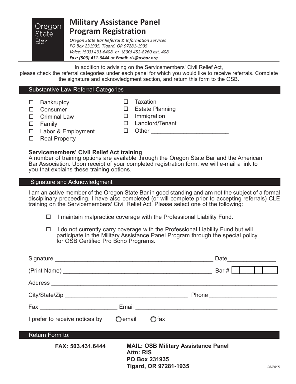 Military Assistance Panel Program Registration Form - Oregon, Page 2