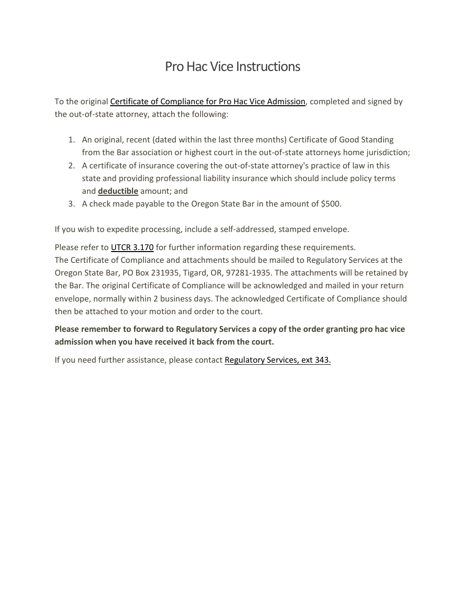 Certificate of Compliance for Pro Hac Vice Admission - Oregon, Page 1