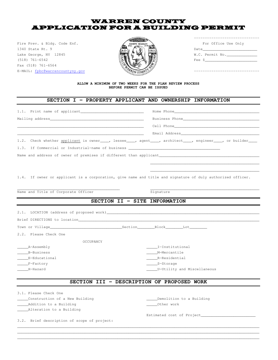 Application for a Building Permit - Warren county, New York, Page 1