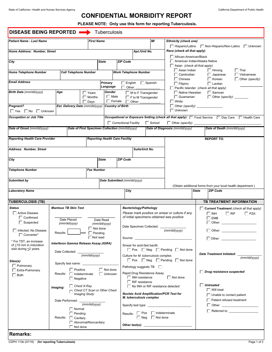 Form CDPH110b Confidential Morbidity Report - California, Page 1