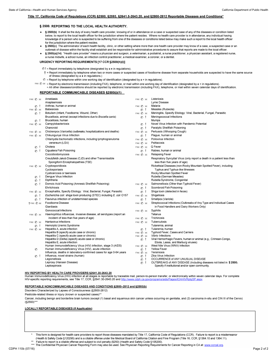 Form CDPH110b Confidential Morbidity Report - California, Page 2
